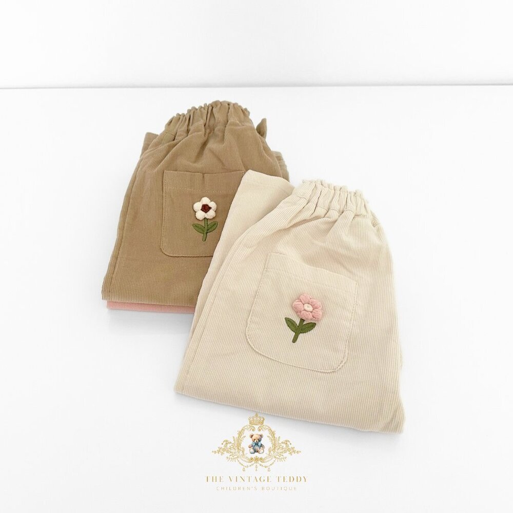 NWT Cute Girls Corduroy Pants Sweet Embroidery Flower Elastic Waist Cream 18-24M - Picture 4 of 4